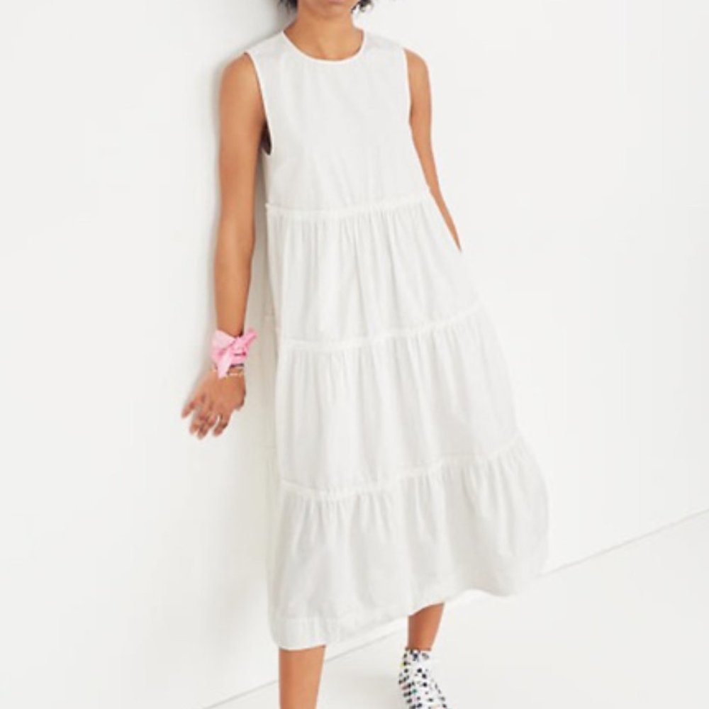 Madewell White Cotton Tiered Midi Dress Fits 0-2
